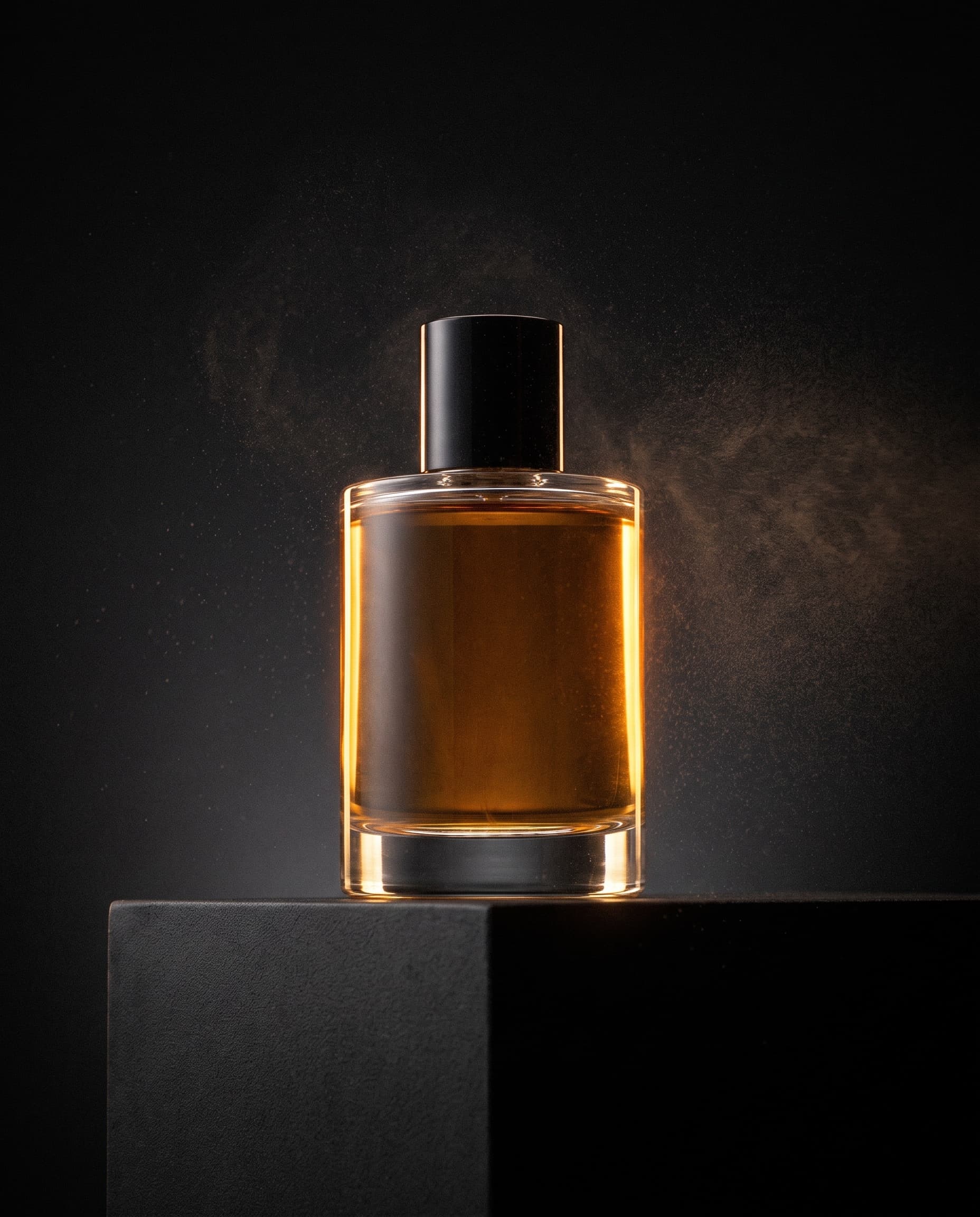 Dark commercial product shot of a perfume bottle with amber rim light