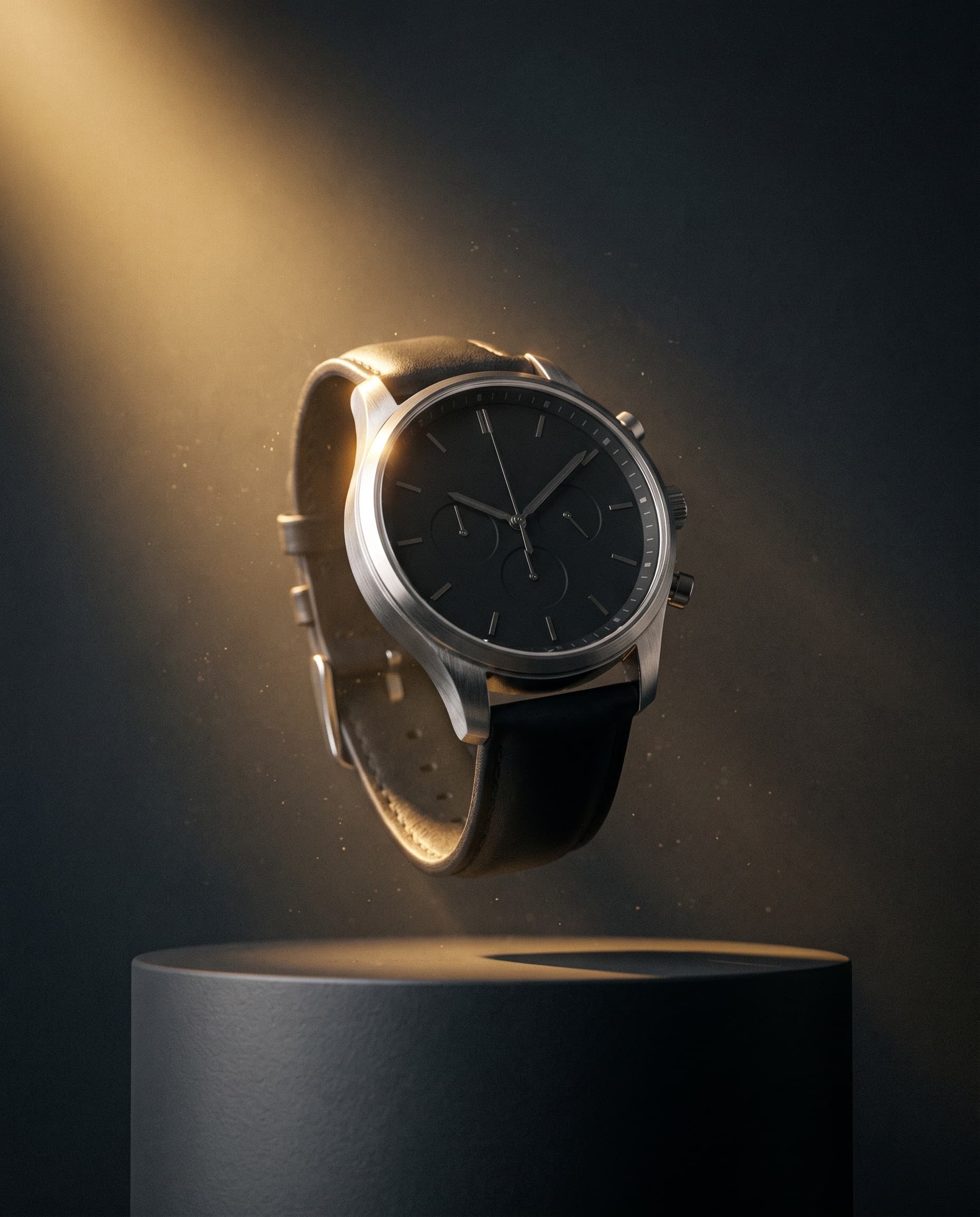 Dark commercial product shot of a steel chronograph with amber rim light