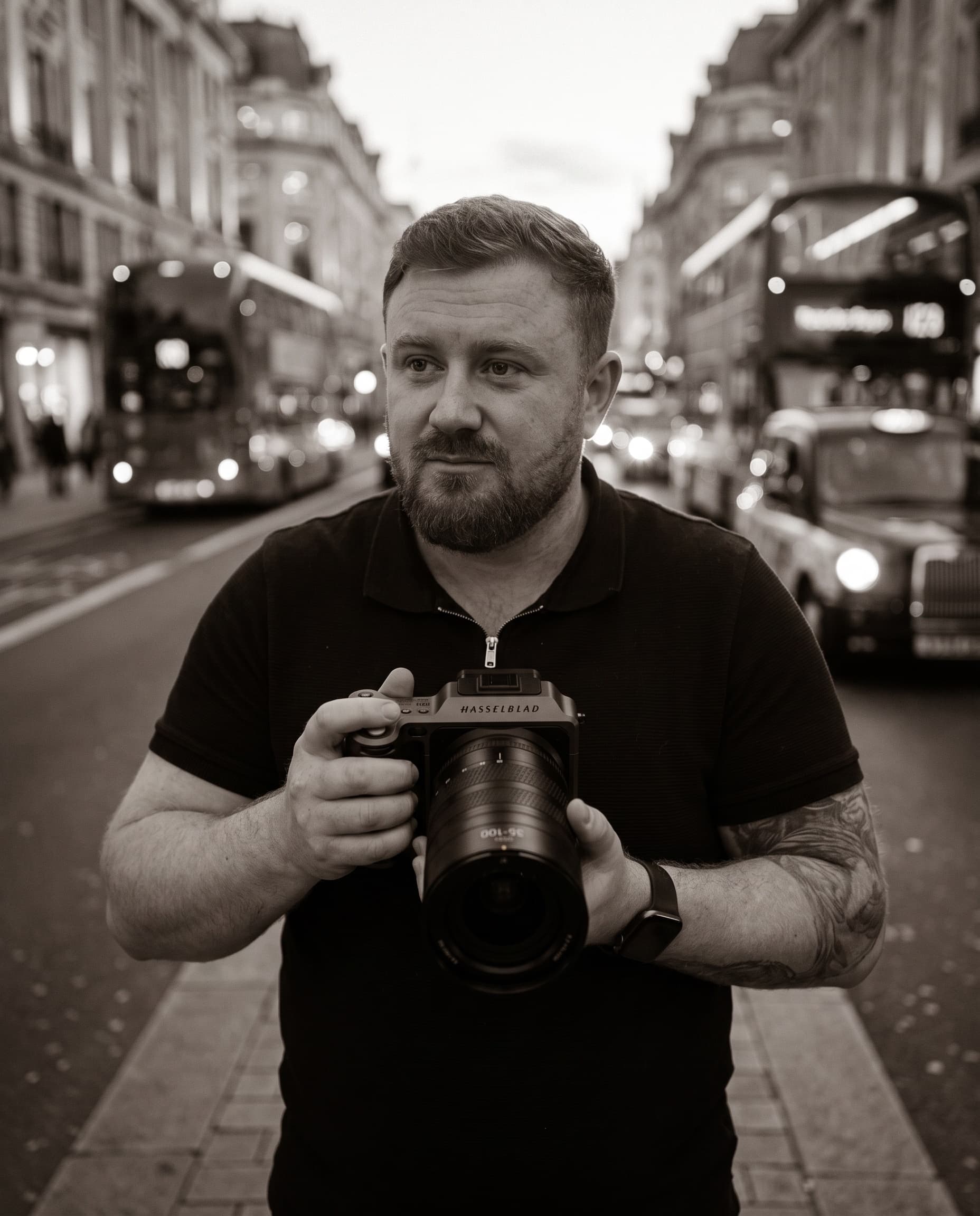 Jamie, the photographer behind Best Side Media, holding his Hasselblad X2D II with the XCD 35-100E zoom on a London street at dusk