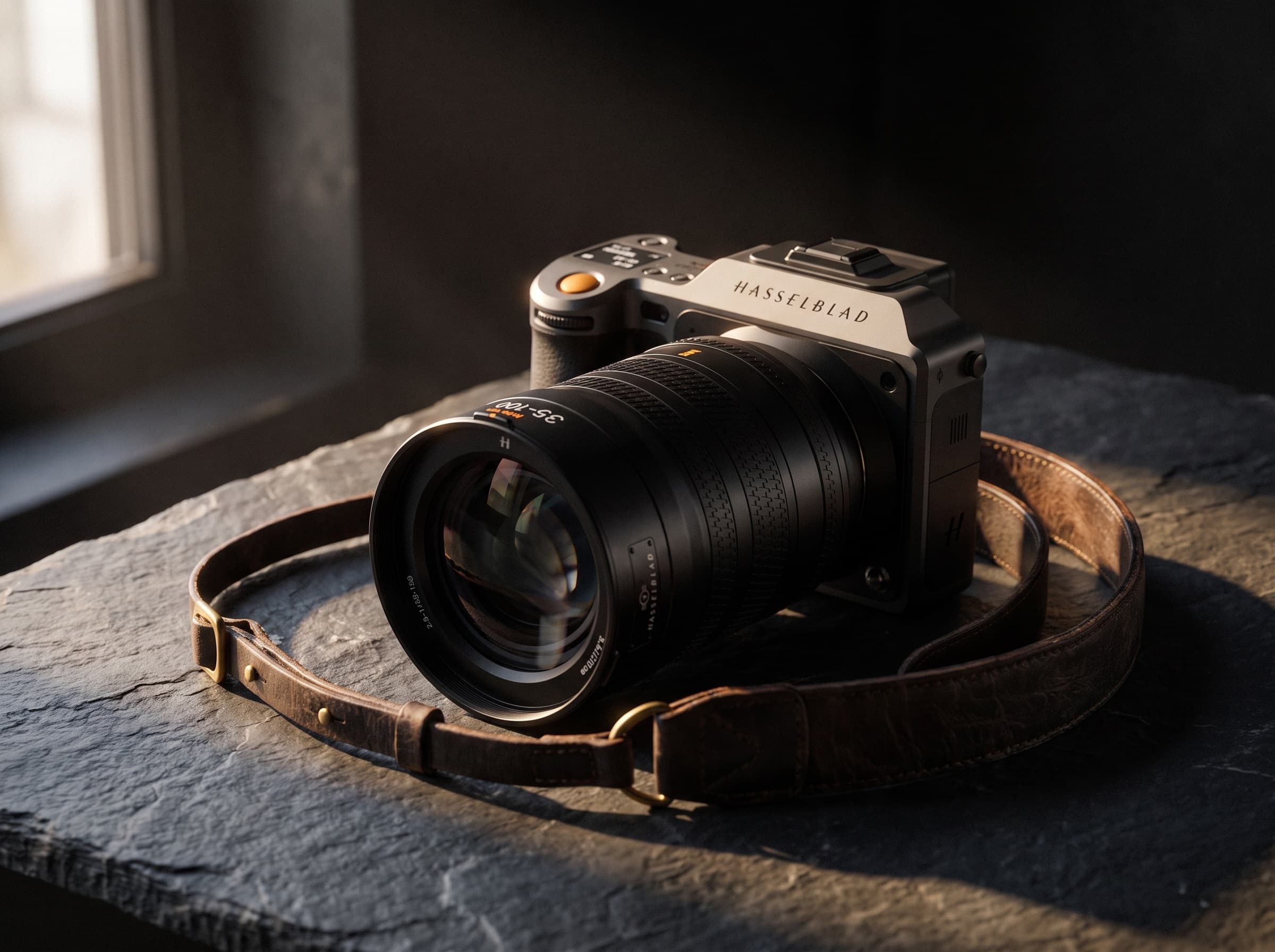 Hasselblad X2D II 100C with the XCD 35-100E zoom resting on a leather strap