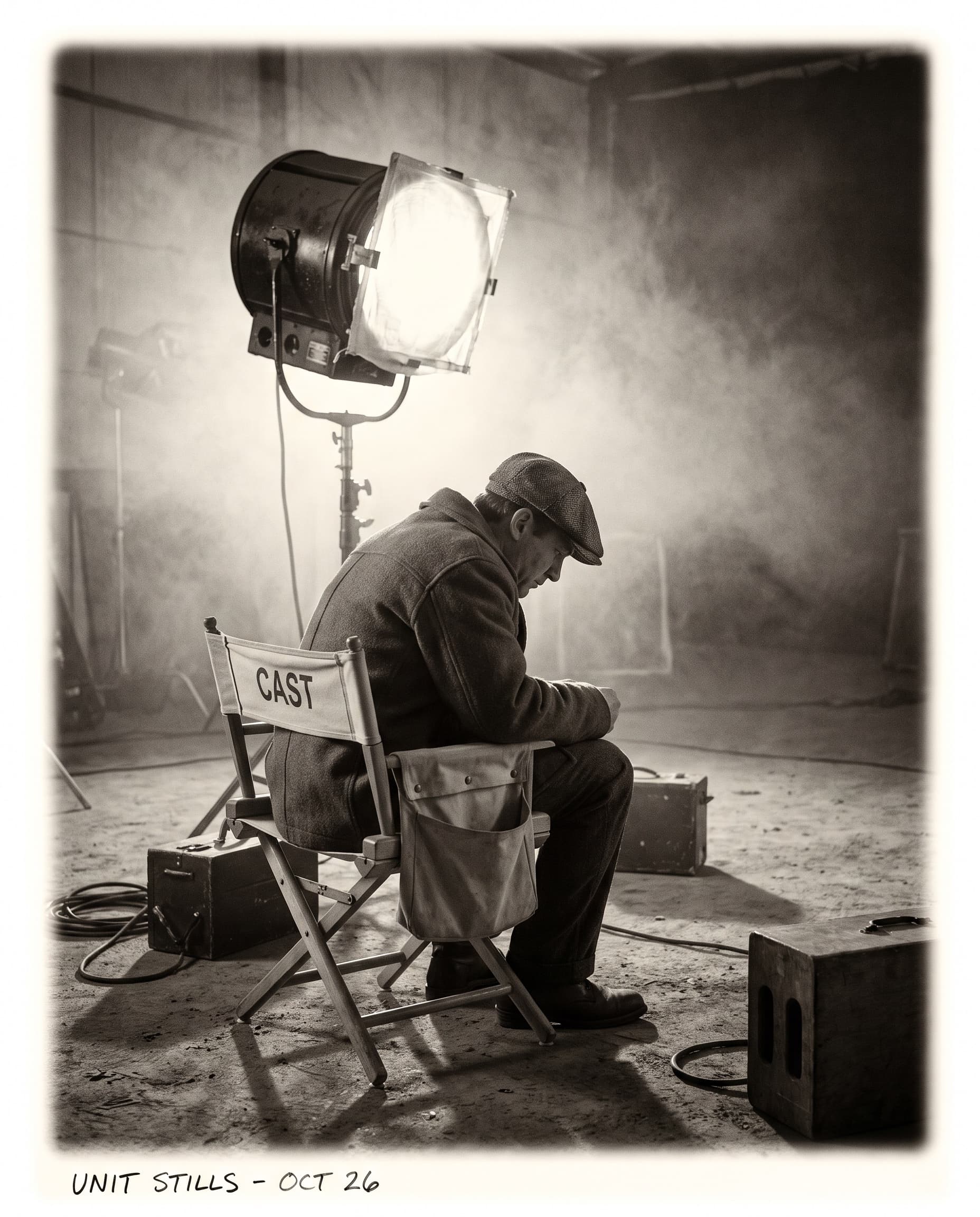 Actor in period costume sitting alone between takes, backlit by haze