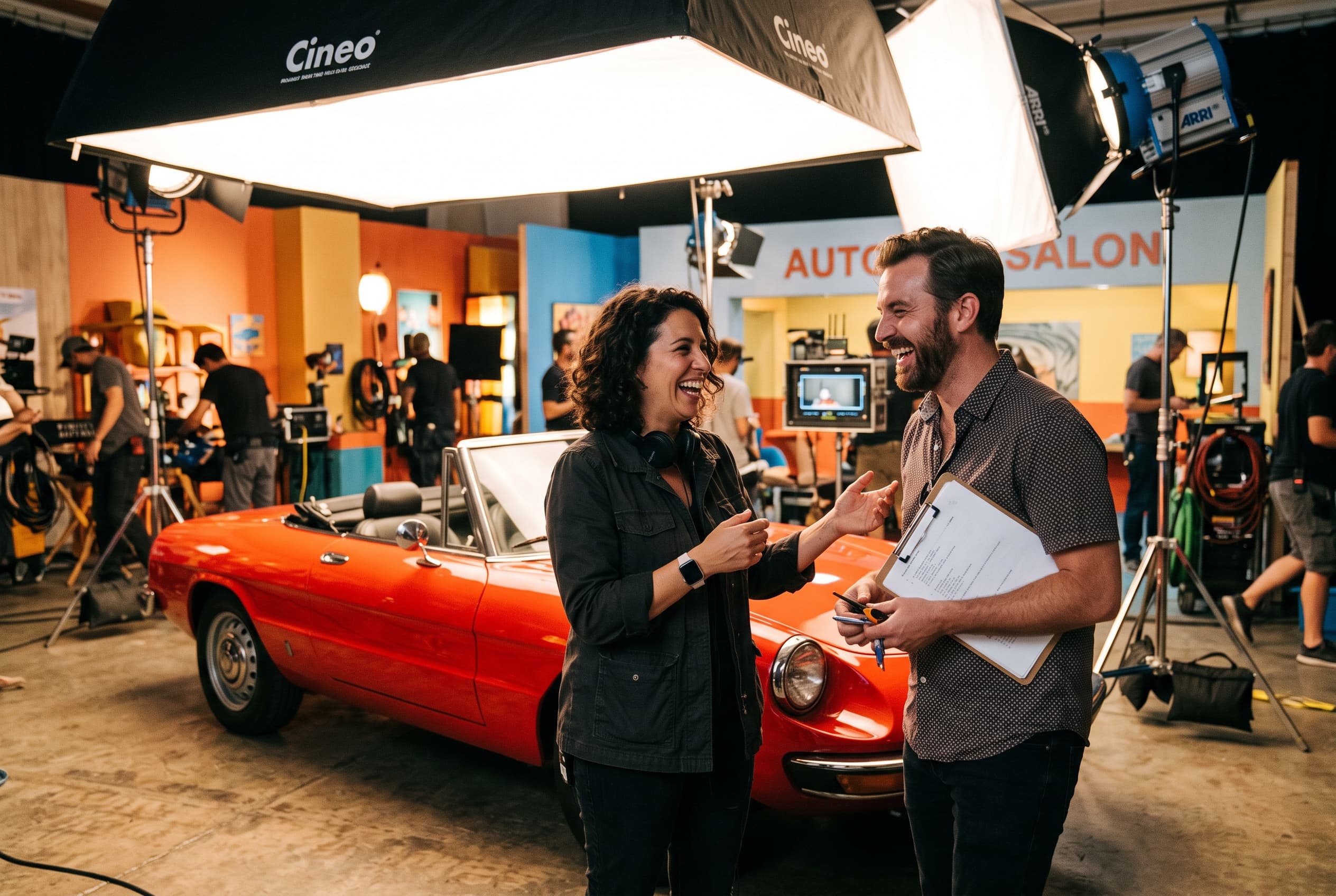 Director and stylist laughing beside a red vintage car on a commercial set
