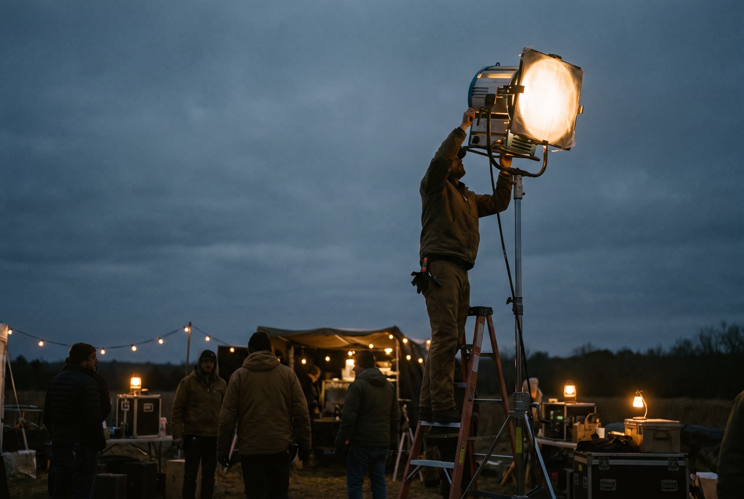 Gaffer silhouetted adjusting a film light at dusk on location