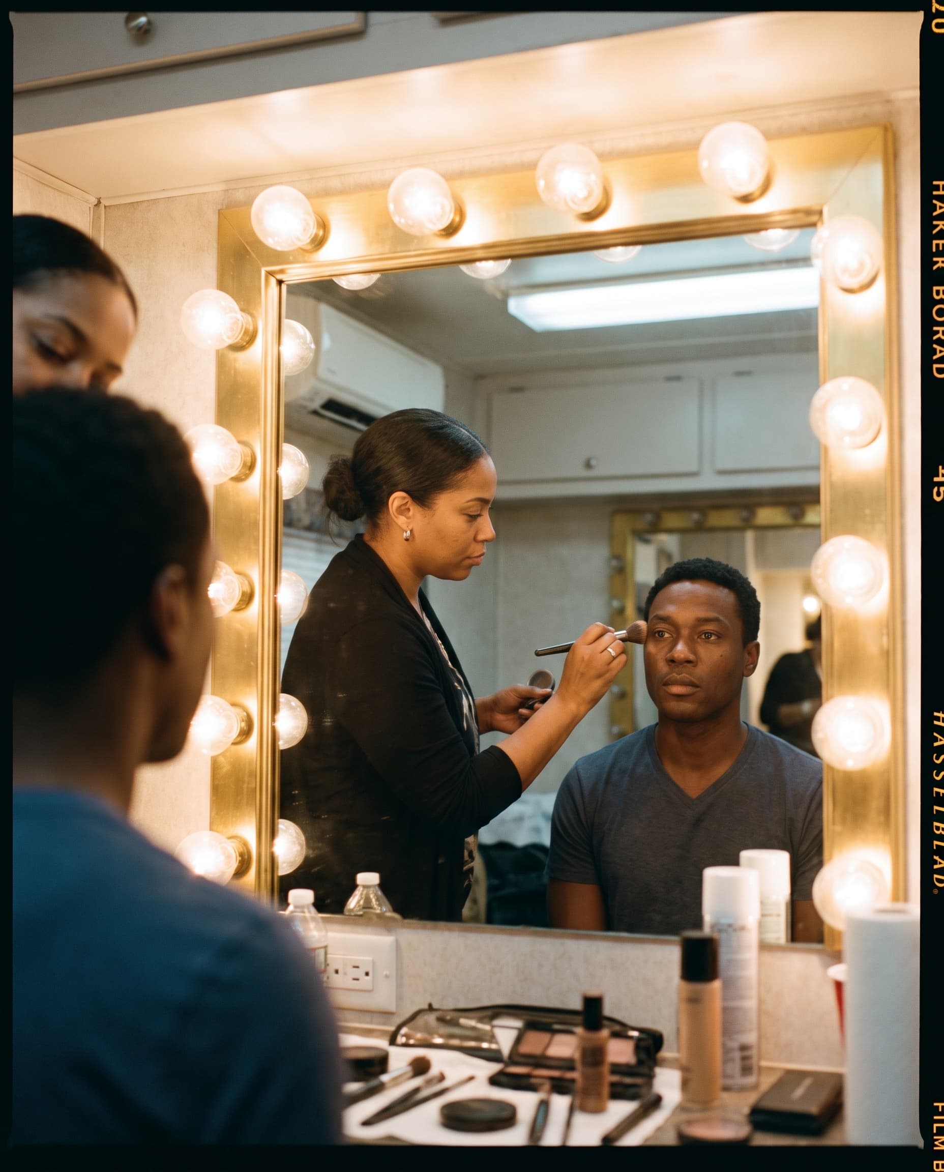Makeup artist doing final touches on an actor in a mirror-lit trailer