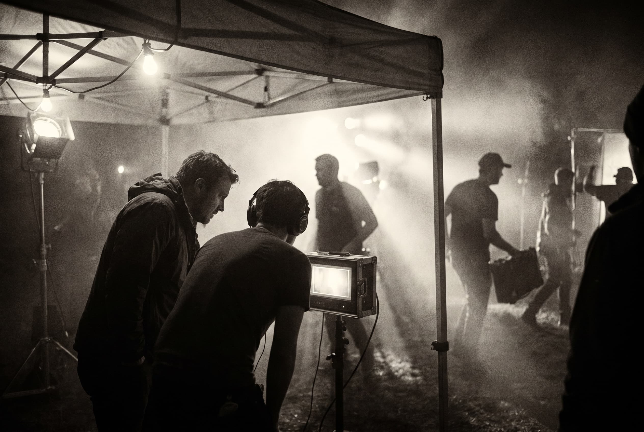 Director and focus puller watching a monitor on a night film set in London