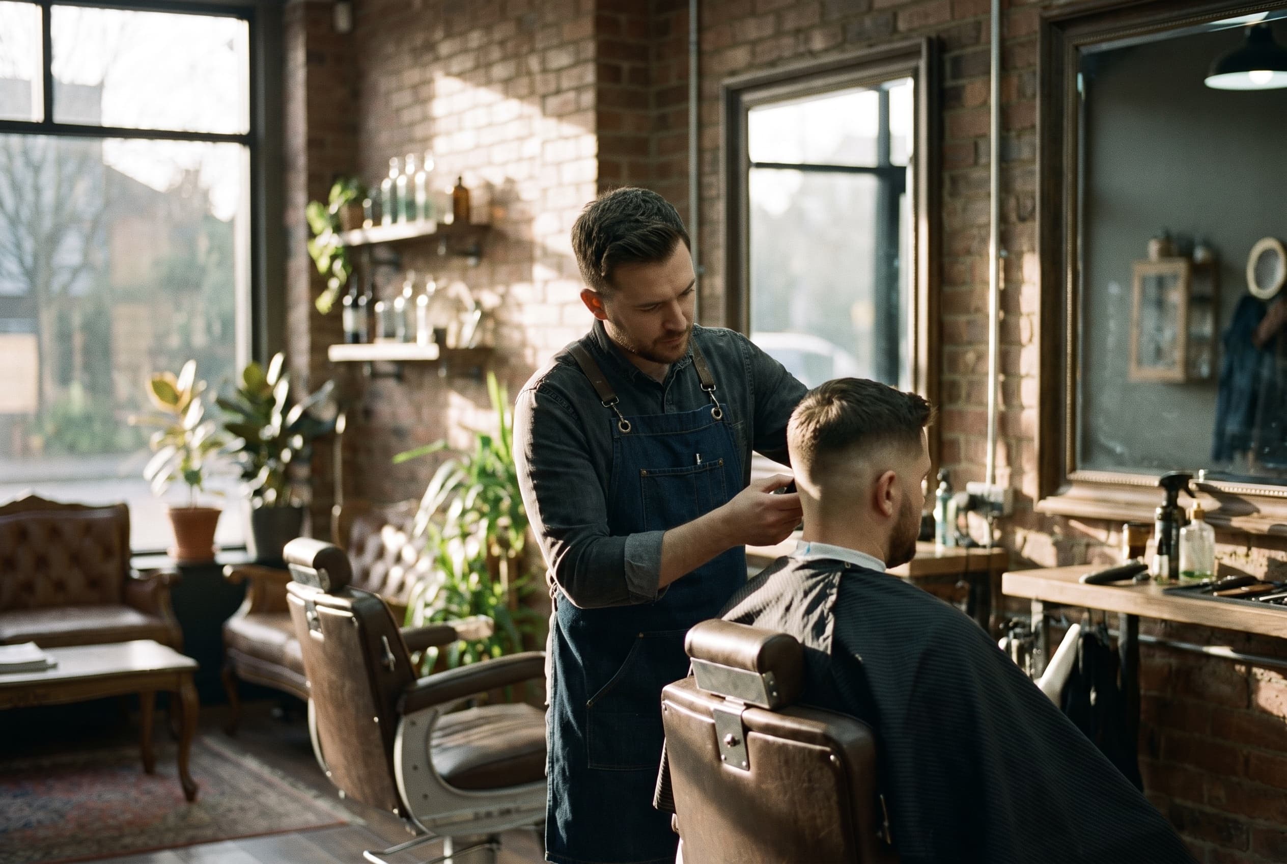 Barber working a fade cut in warm window light, exposed brick behind