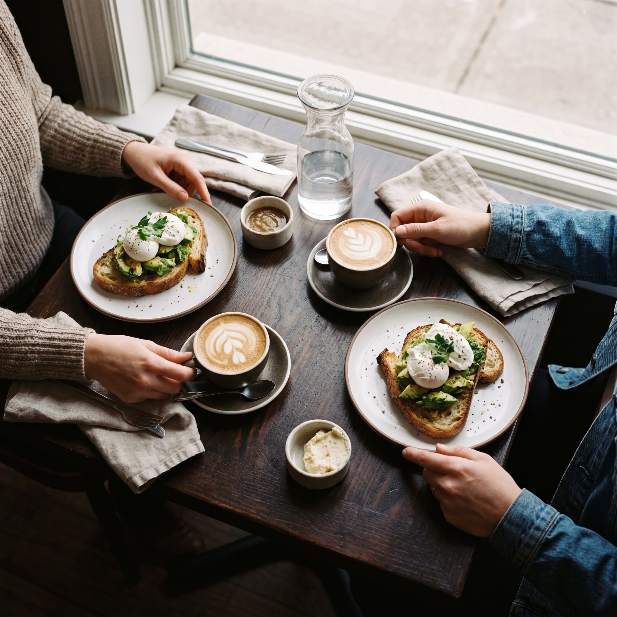 Overhead brunch spread on a dark oak table with hands mid-conversation