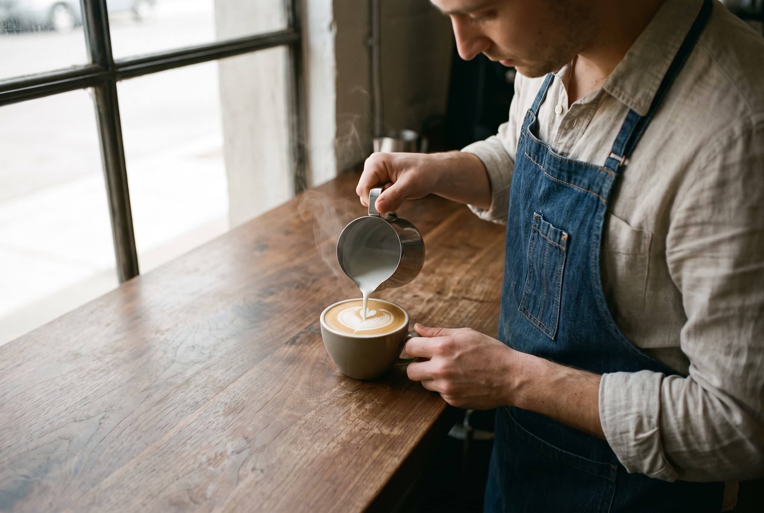 Barista pouring latte art beside a window in a London cafe