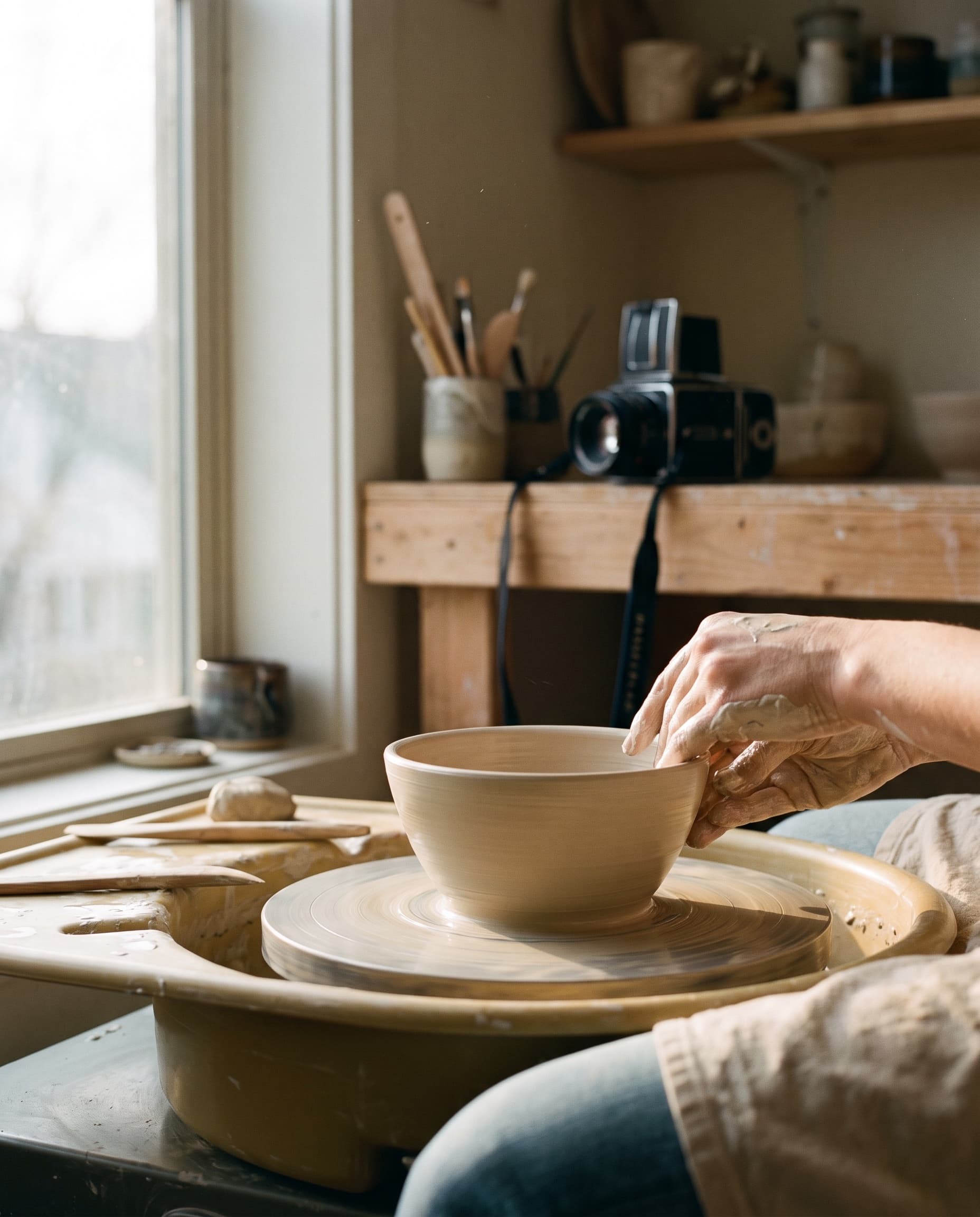 Hands shaping a clay bowl on a potter's wheel in a bright studio