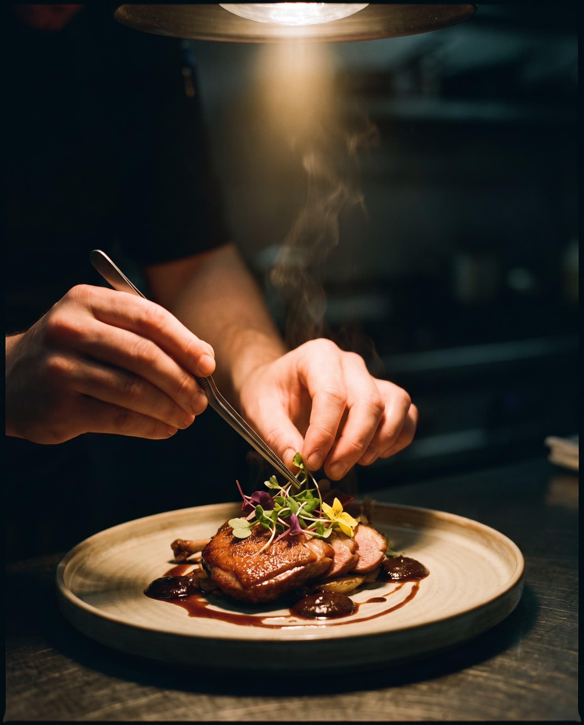 Chef's hands plating a dish with tweezers under a single warm spotlight