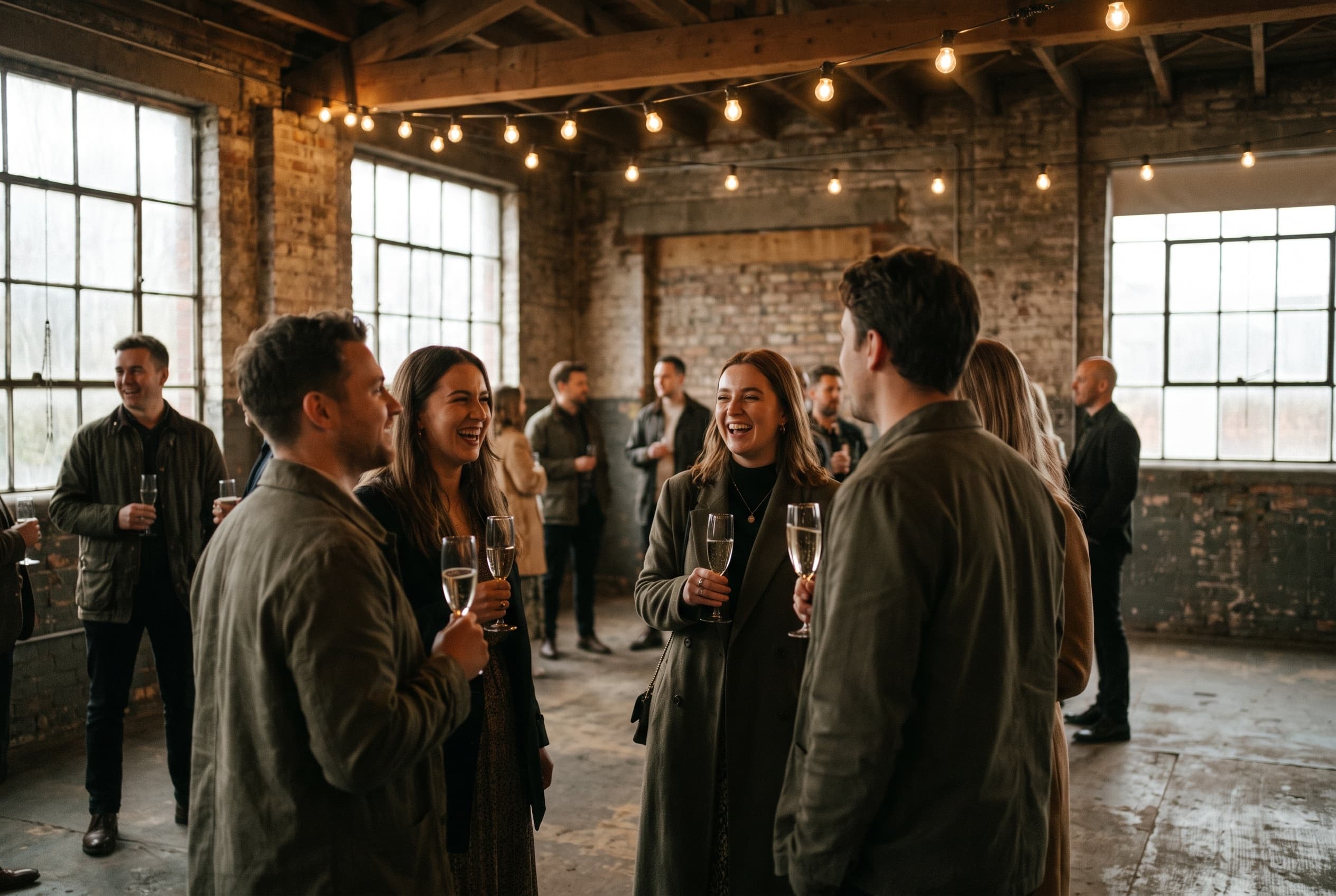 Guests under festoon lights at a warehouse product launch party
