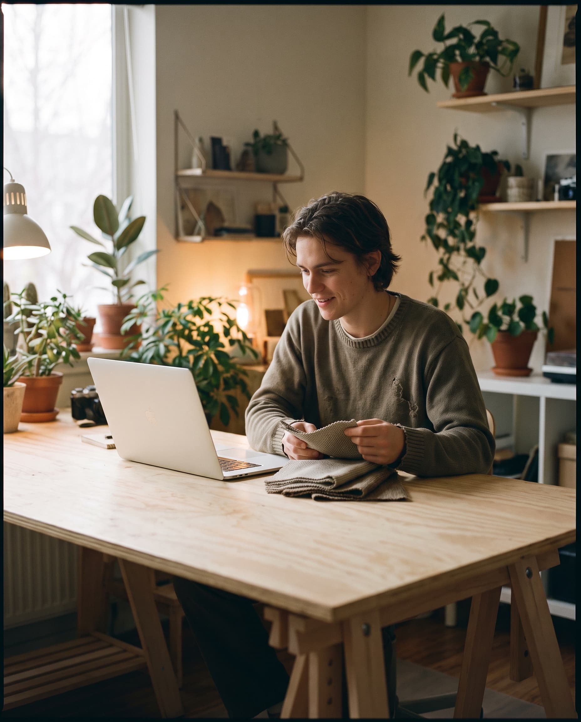 Founder reviewing fabric swatches at a plywood desk in a plant-filled London studio