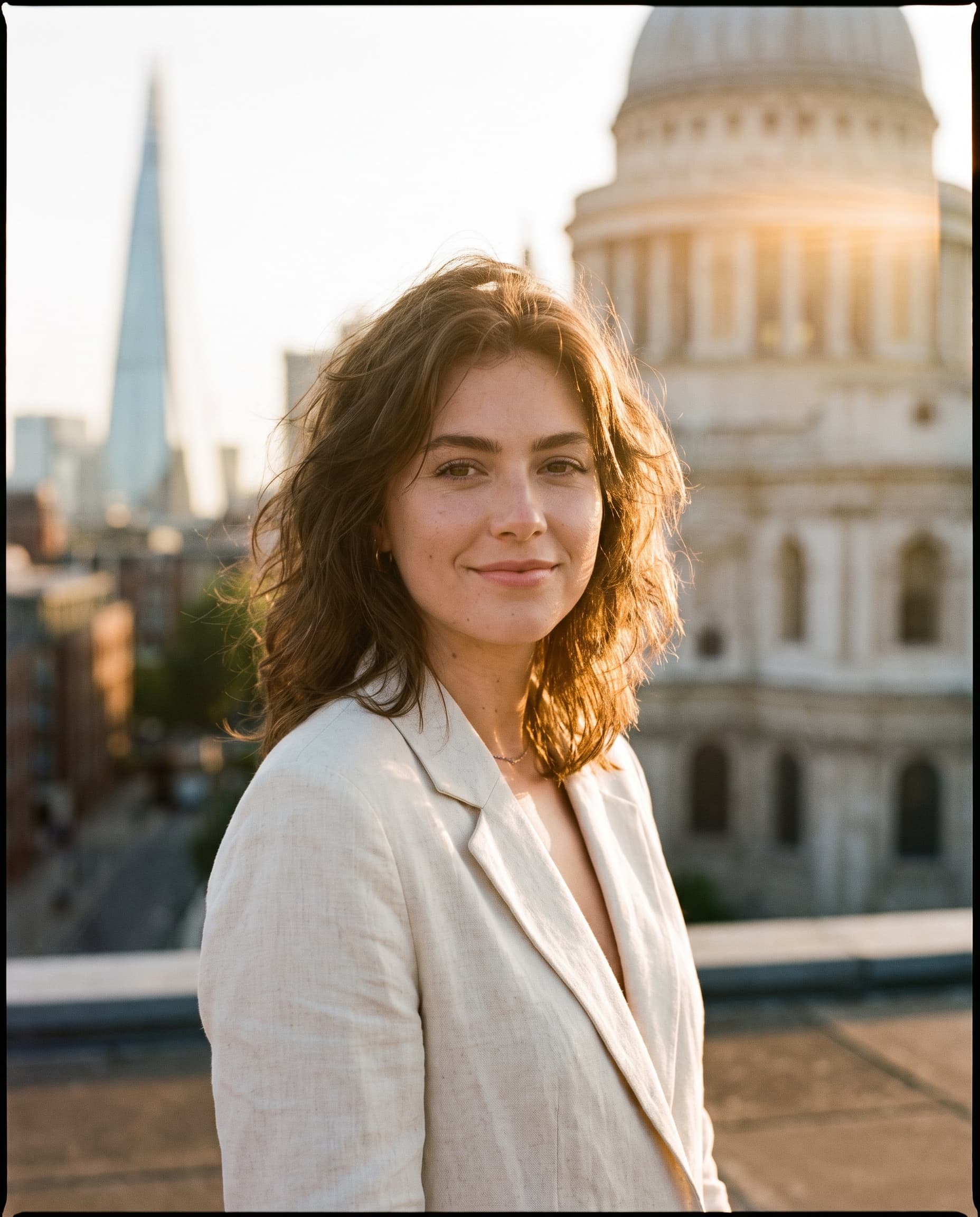 Founder in a cream blazer on a London rooftop at golden hour