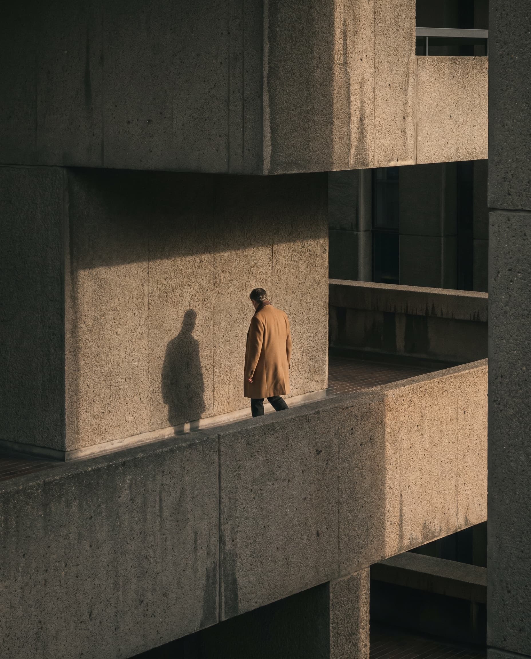 Lone figure in a camel coat walking through Barbican estate shadows