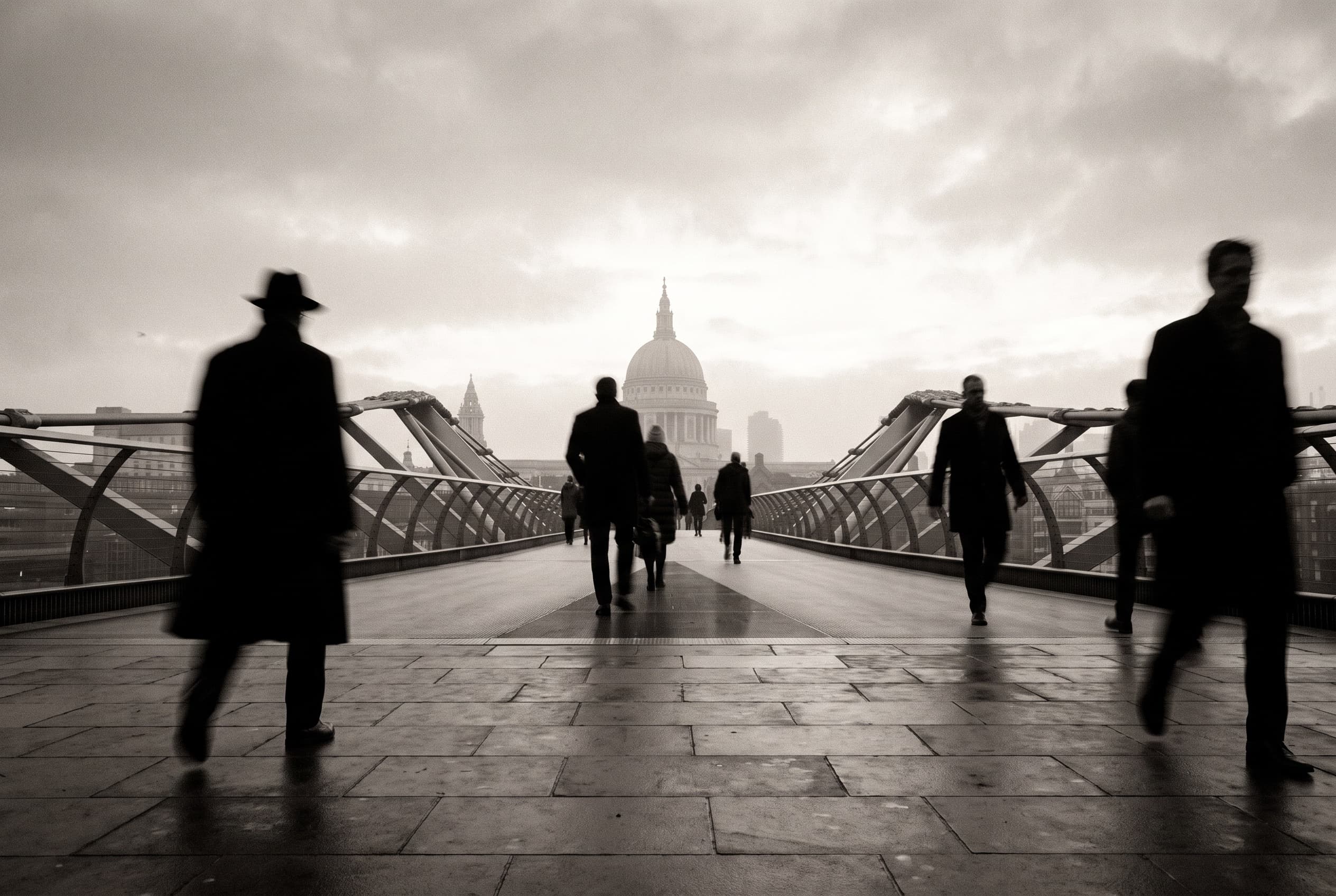 Commuters crossing the Millennium Bridge at dawn with St Paul's in the mist
