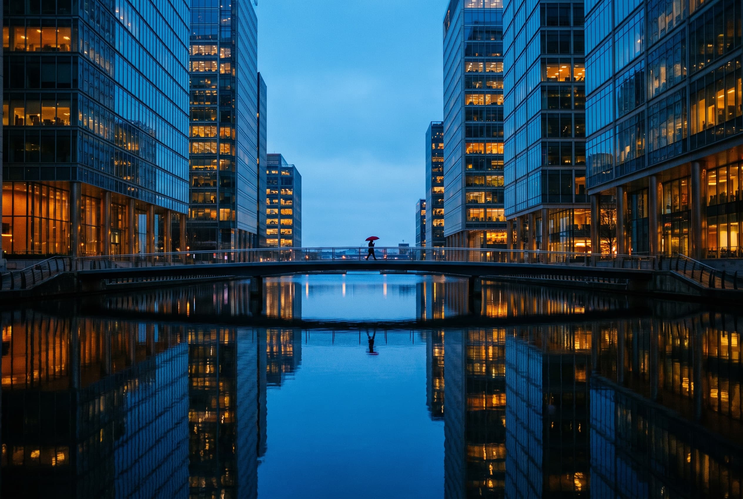 Canary Wharf towers at blue hour with a figure crossing a footbridge under a red umbrella