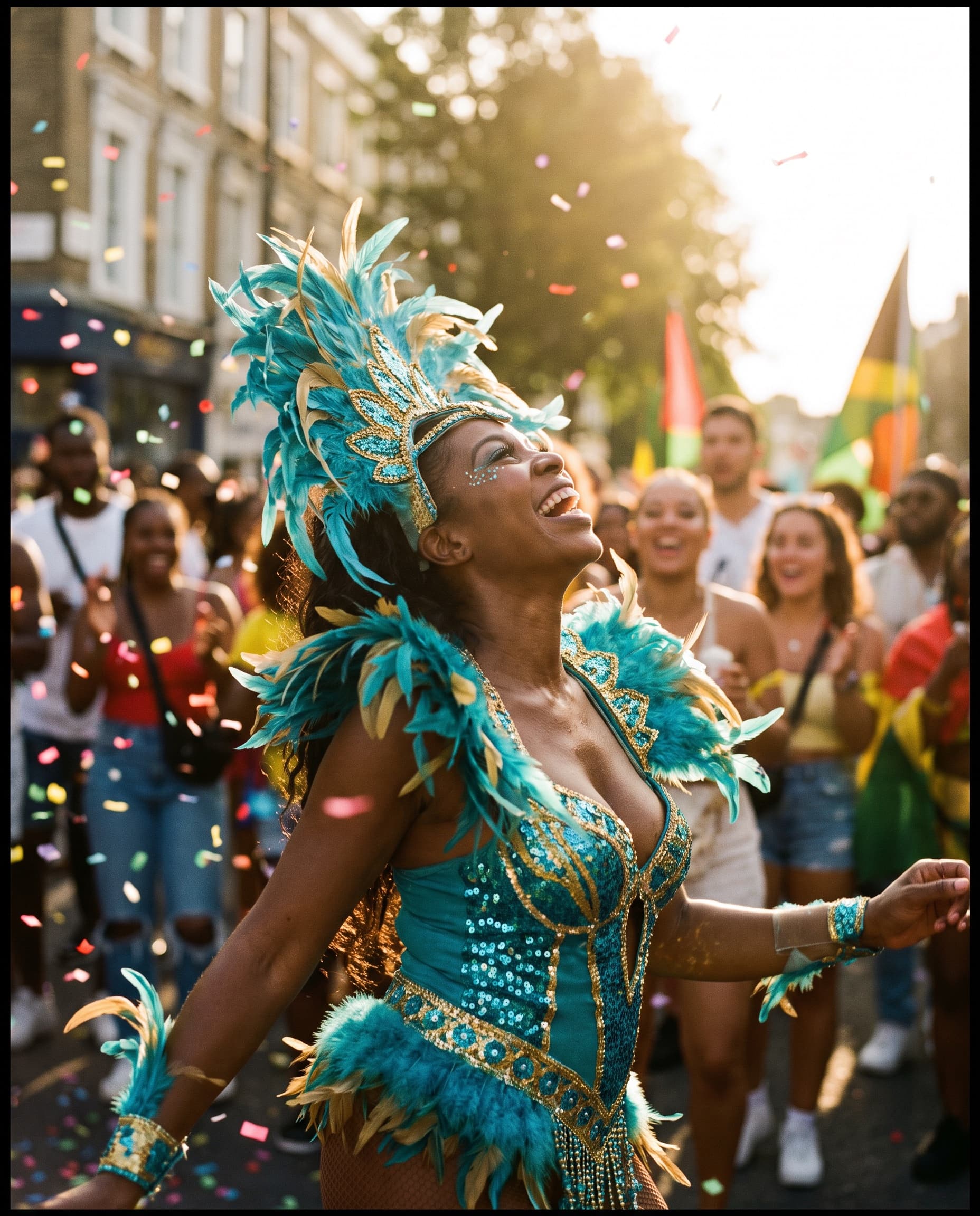 Carnival dancer in turquoise and gold feathers laughing amid confetti