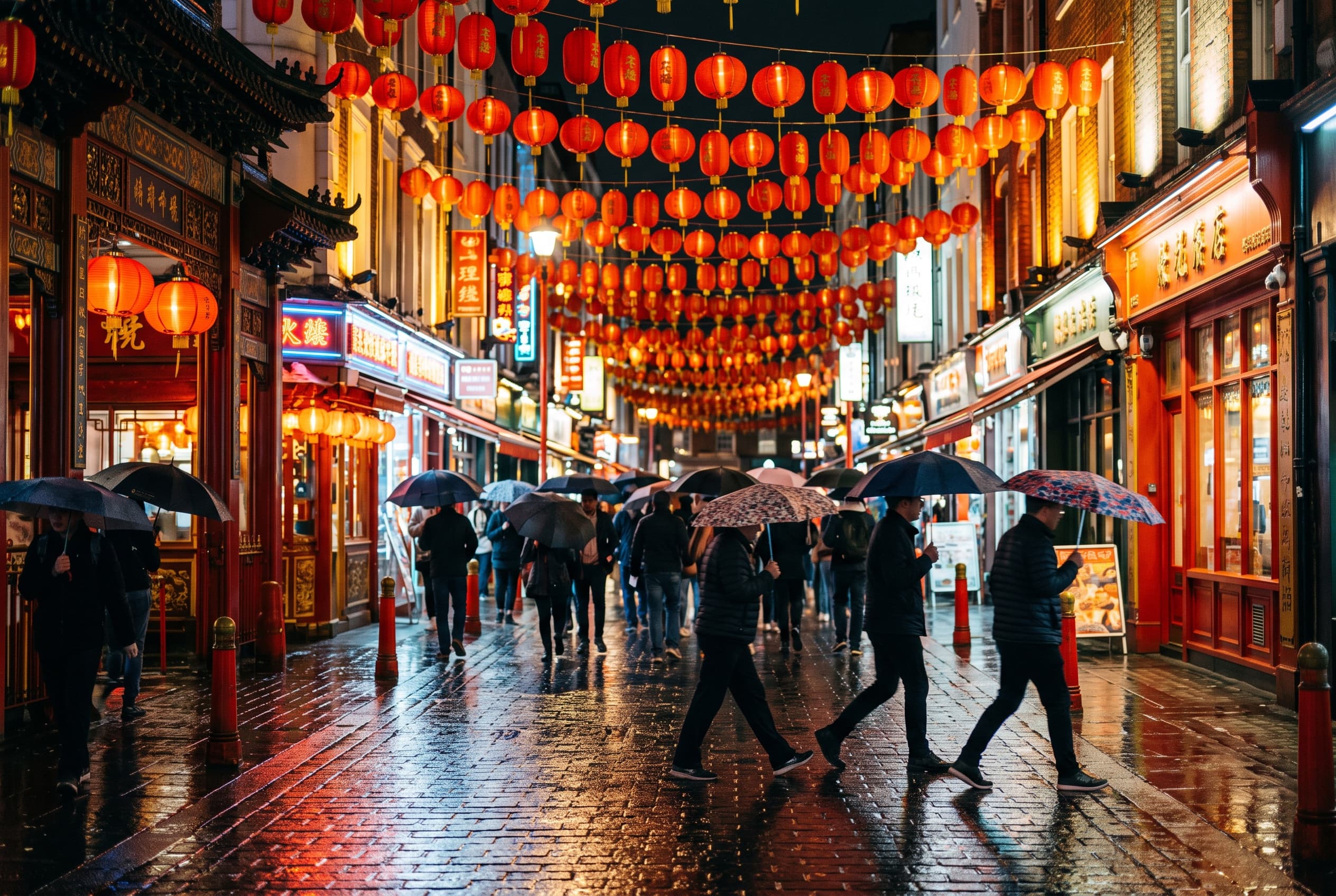 Red lanterns and neon reflecting on a wet Chinatown street in London at night