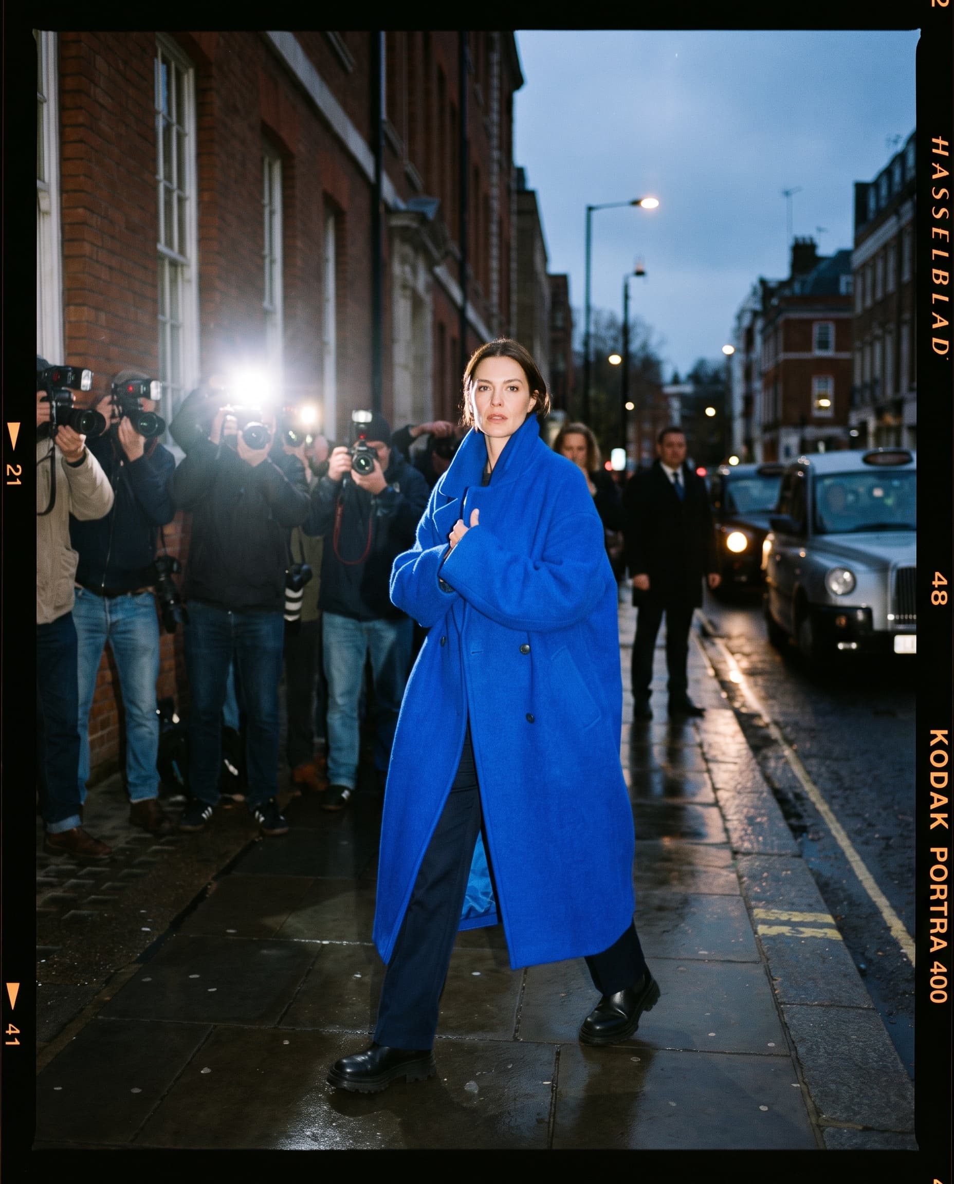 Model in a cobalt blue coat striding past photographers at a London fashion week venue