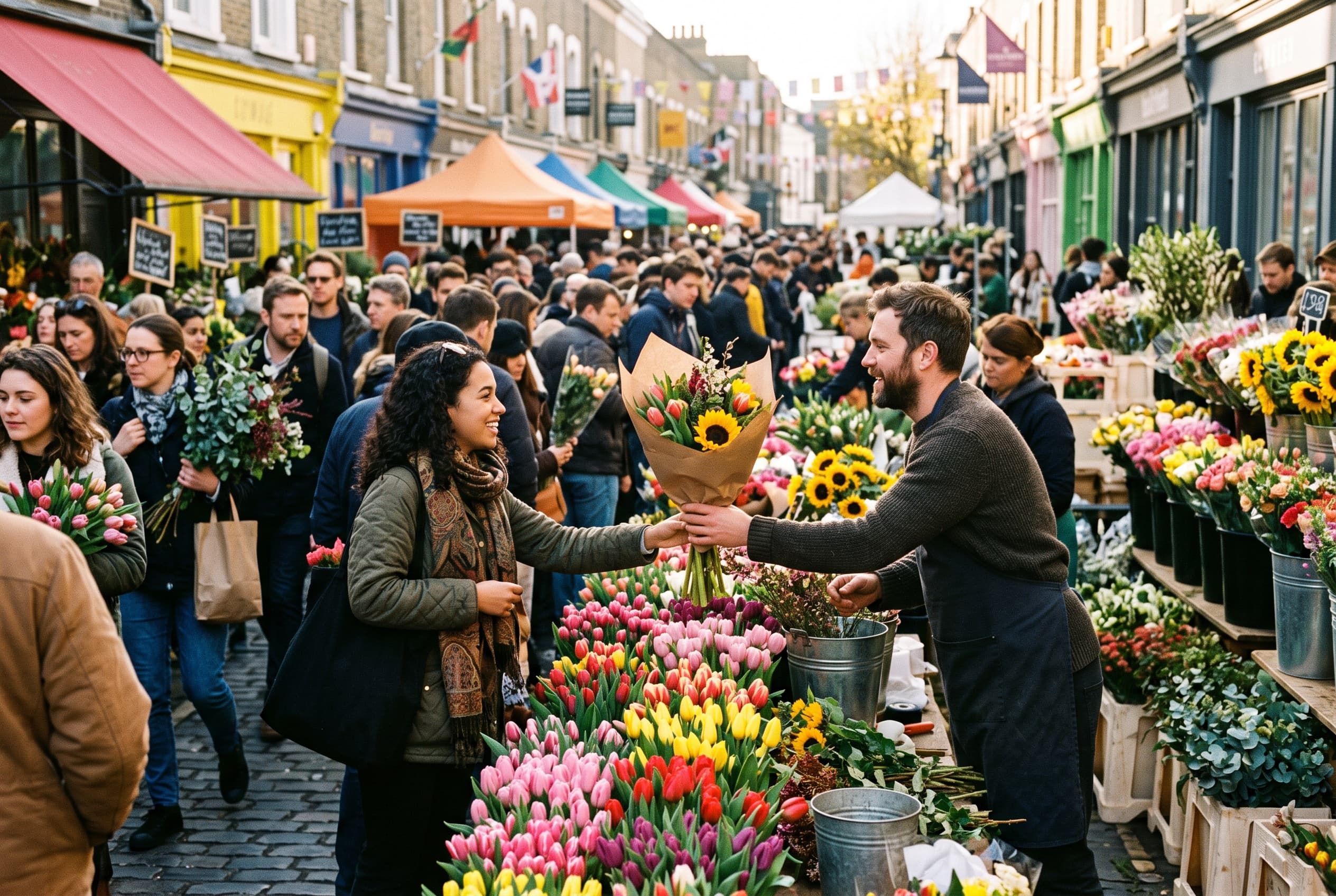 Columbia Road flower market stalls overflowing with tulips and sunflowers