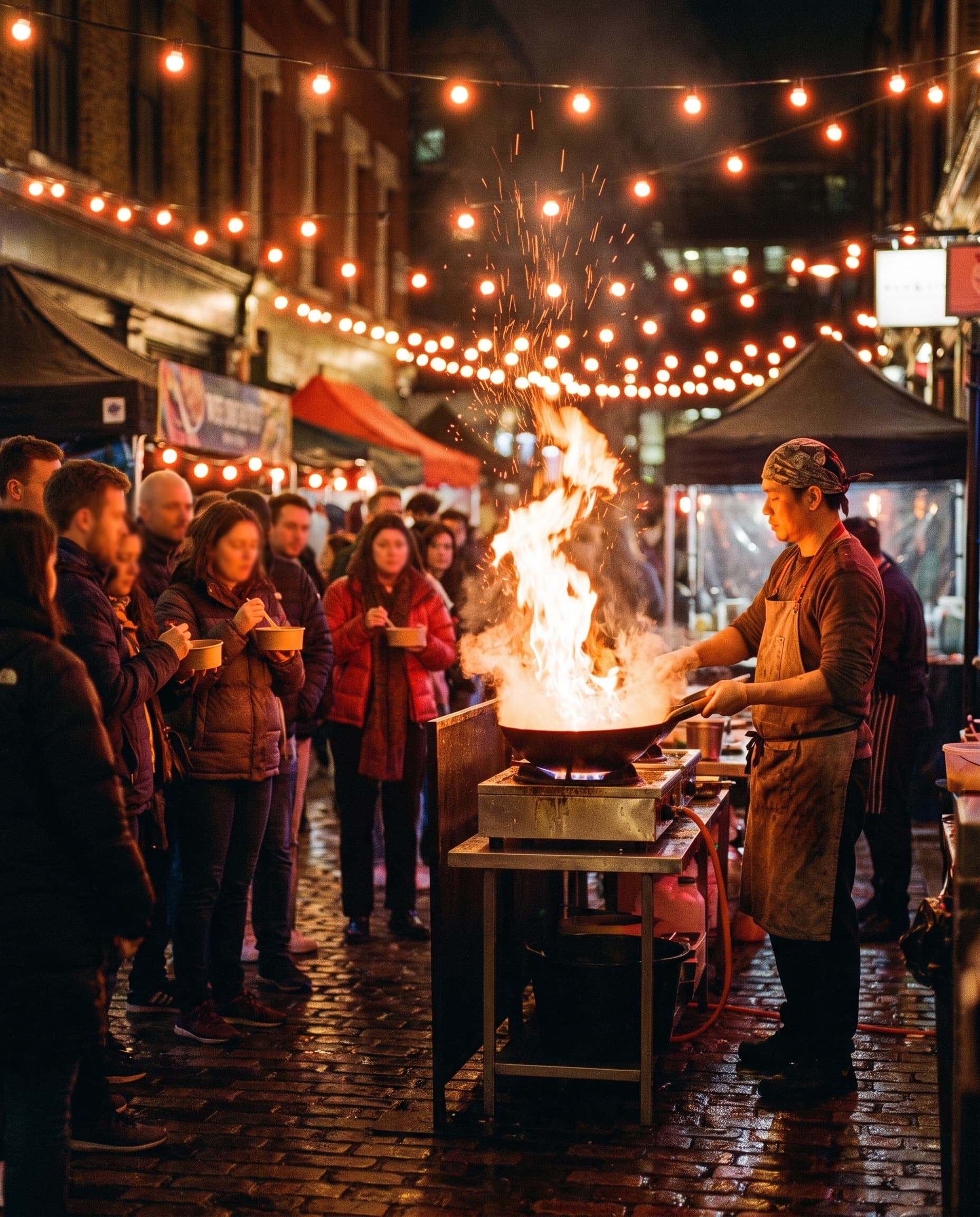 Chef tossing flames from a wok at a London night food market
