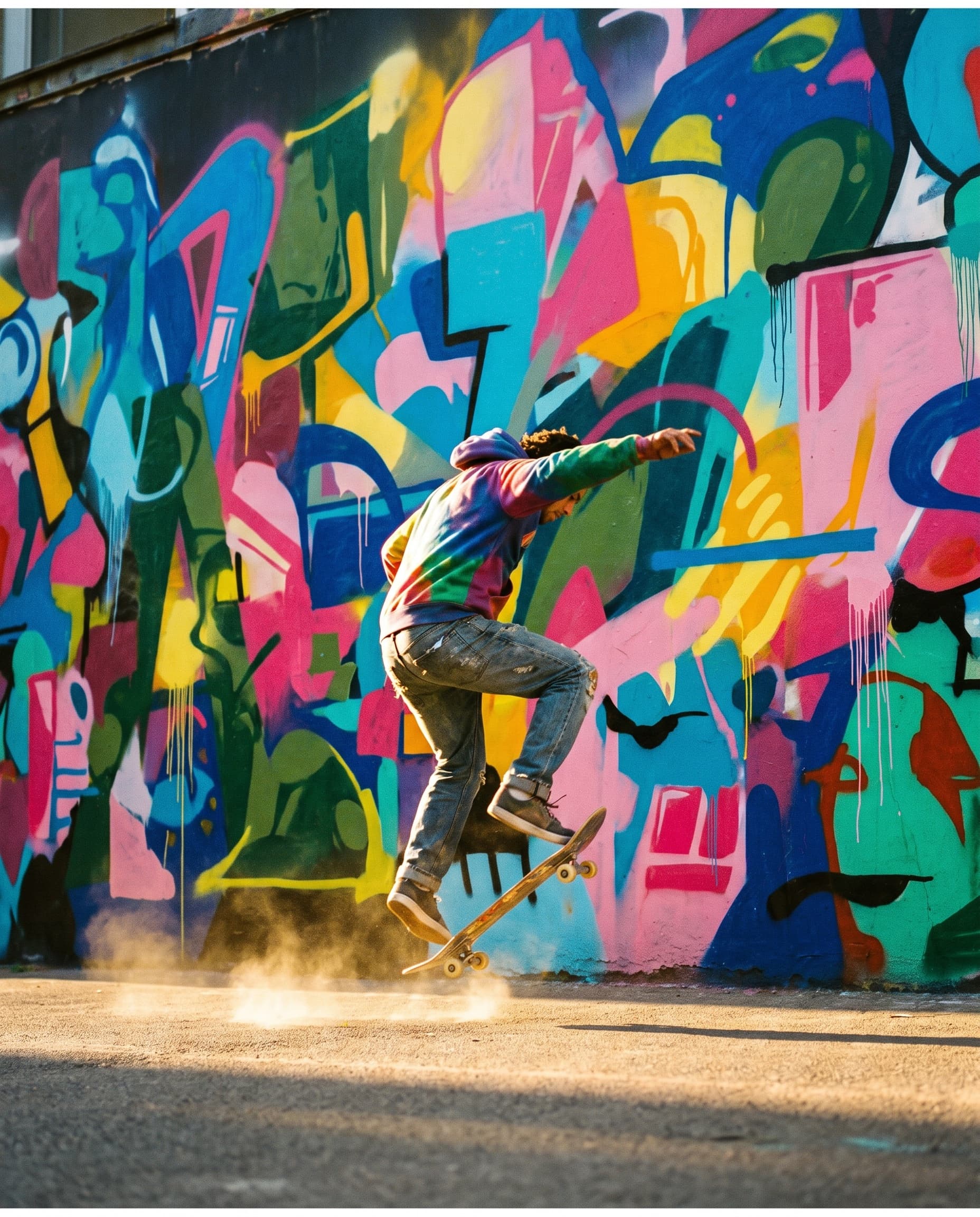 Skateboarder mid-air in front of a colourful graffiti mural in Shoreditch