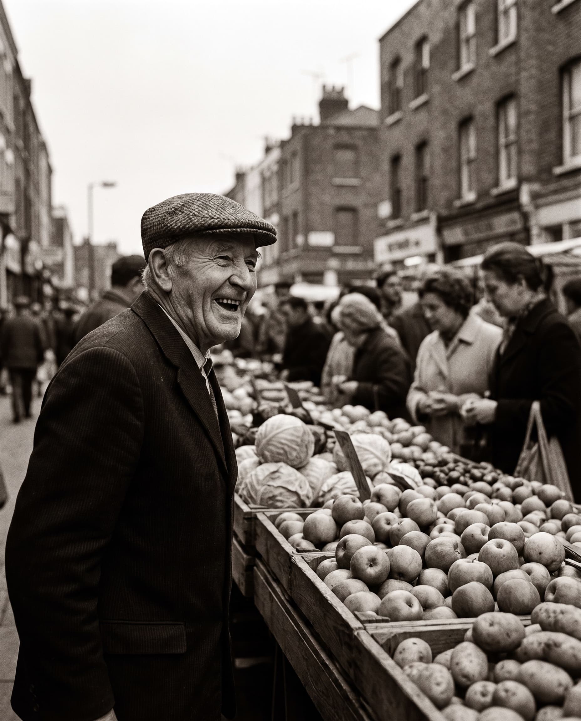 Market trader laughing behind his fruit stall at an East London street market