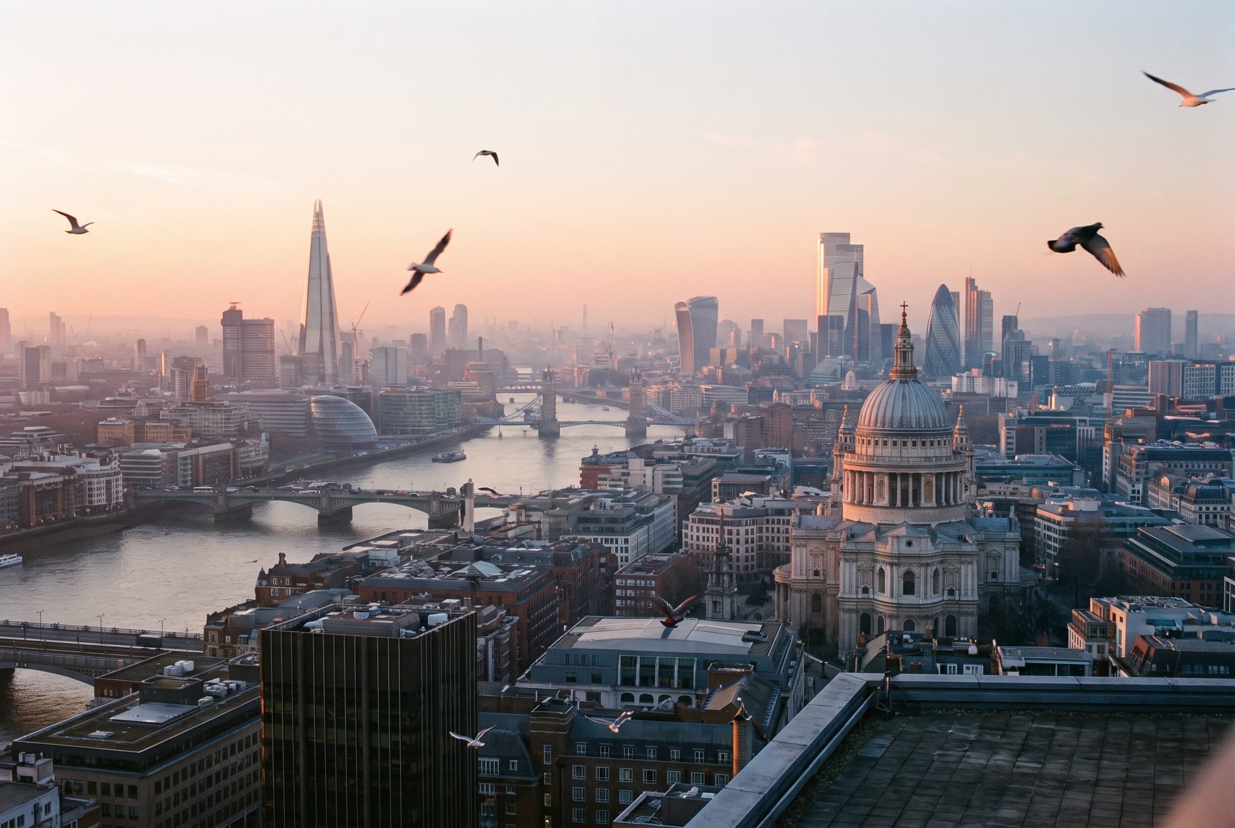 London skyline at golden hour from a rooftop with the Thames winding through