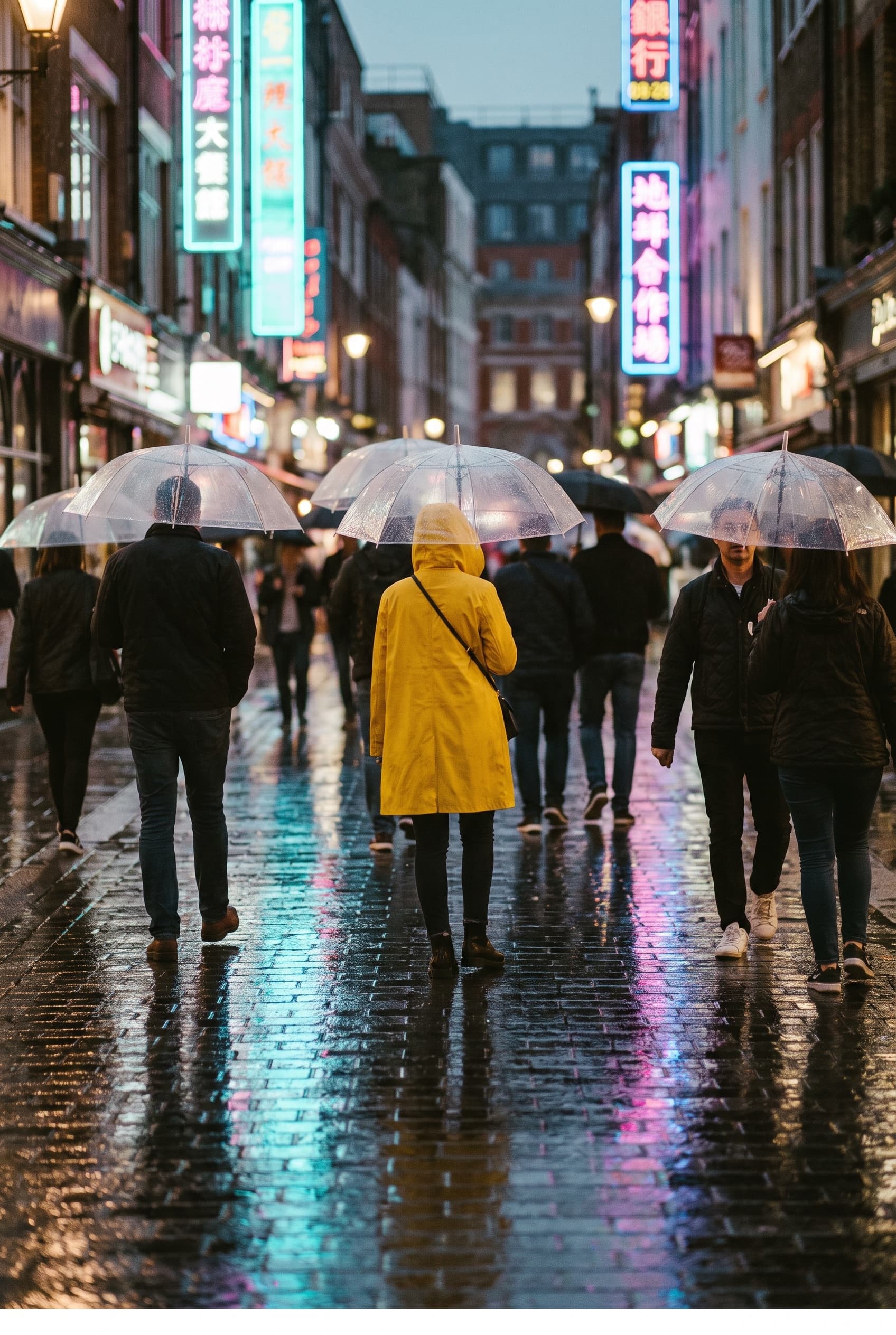 Crowd with umbrellas under neon on a rainy Soho evening, one figure in yellow