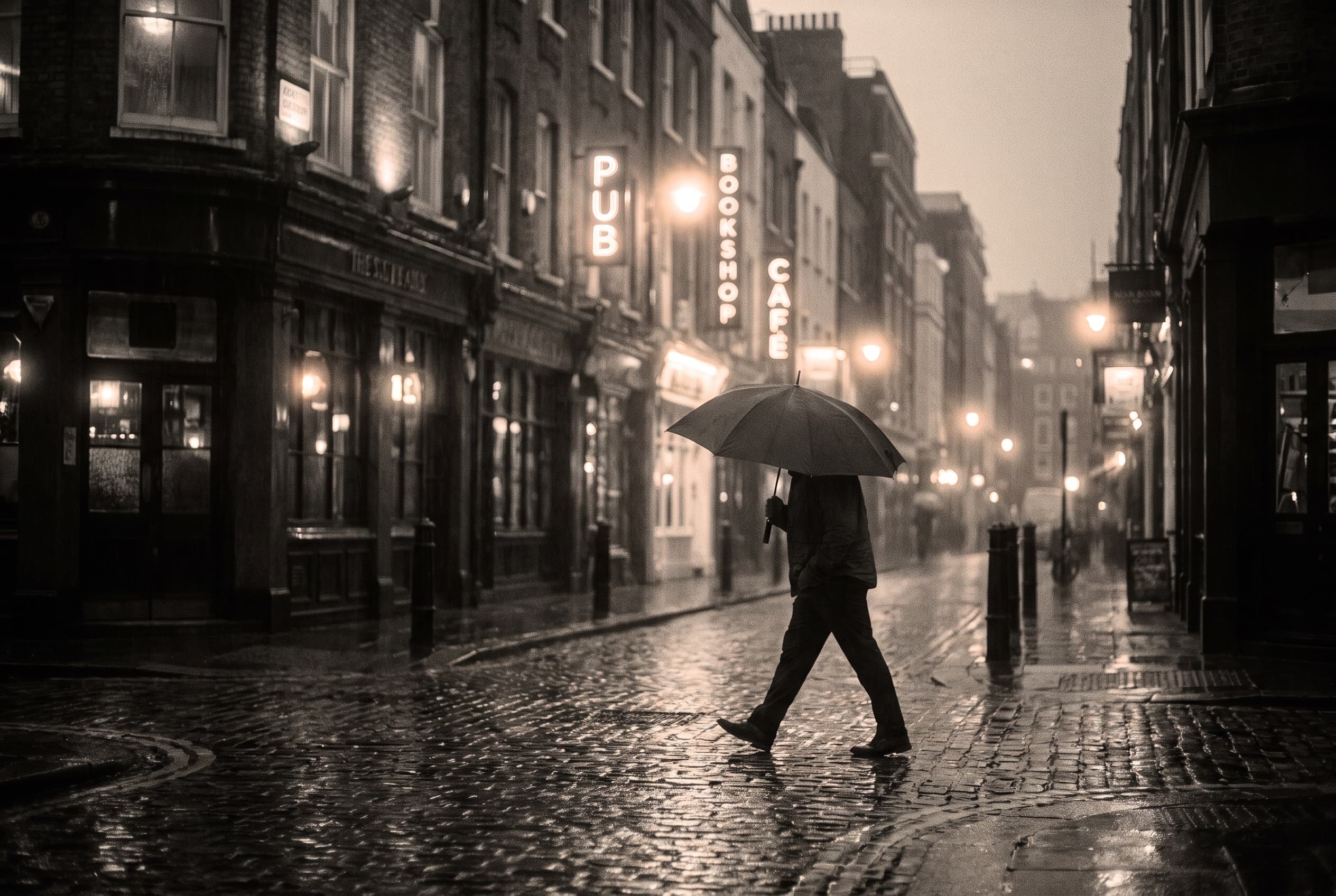Pedestrian with an umbrella crossing a rain-soaked street at night in Soho, London