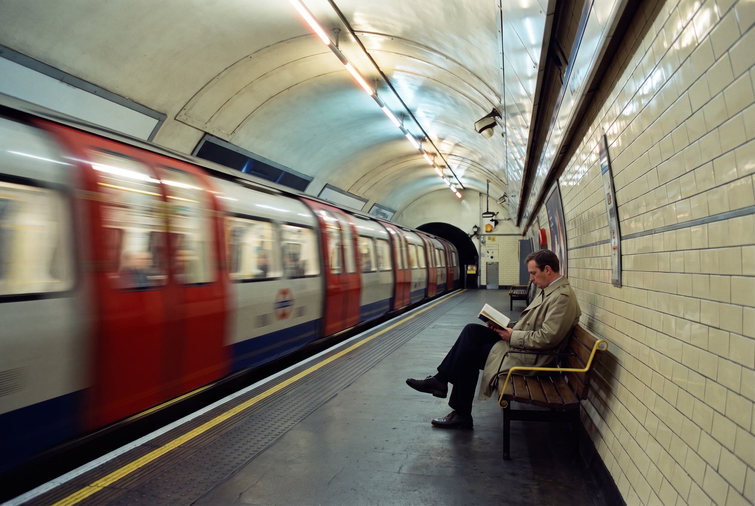 Train arriving in motion blur at a tiled London Underground platform
