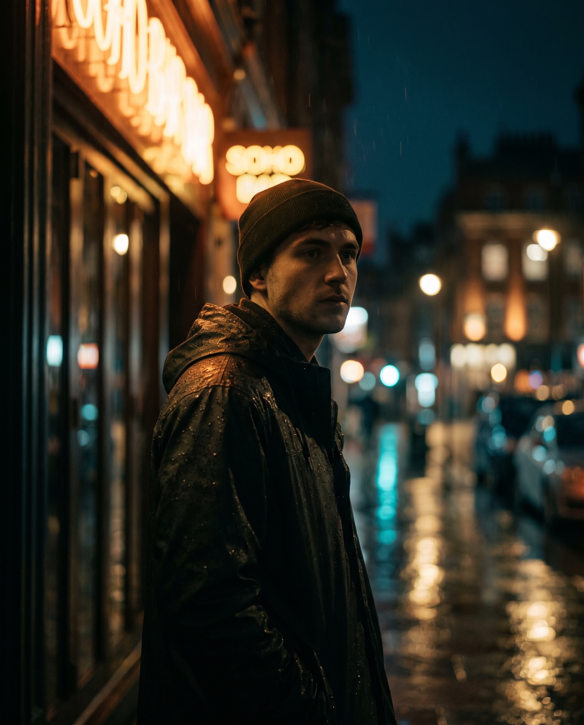 Portrait lit by warm neon outside a Soho bar on a rain-wet night